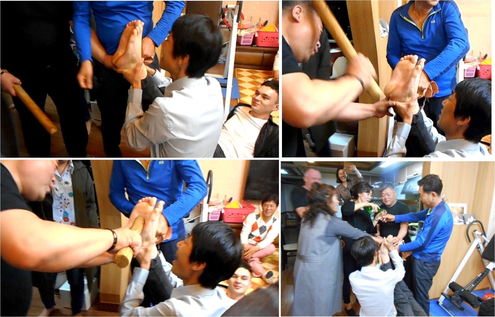 Korean Feet Beating: Beating the groom’s feet and the beaters are rewarded with a drink by the bride's mother!