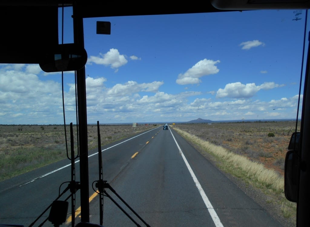 The Backpacking Housewife Road Trip view from the front seat of the bus to The Grand Canyon