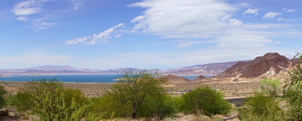 The blue waters of Lake Mead shimmering in the desert landscape