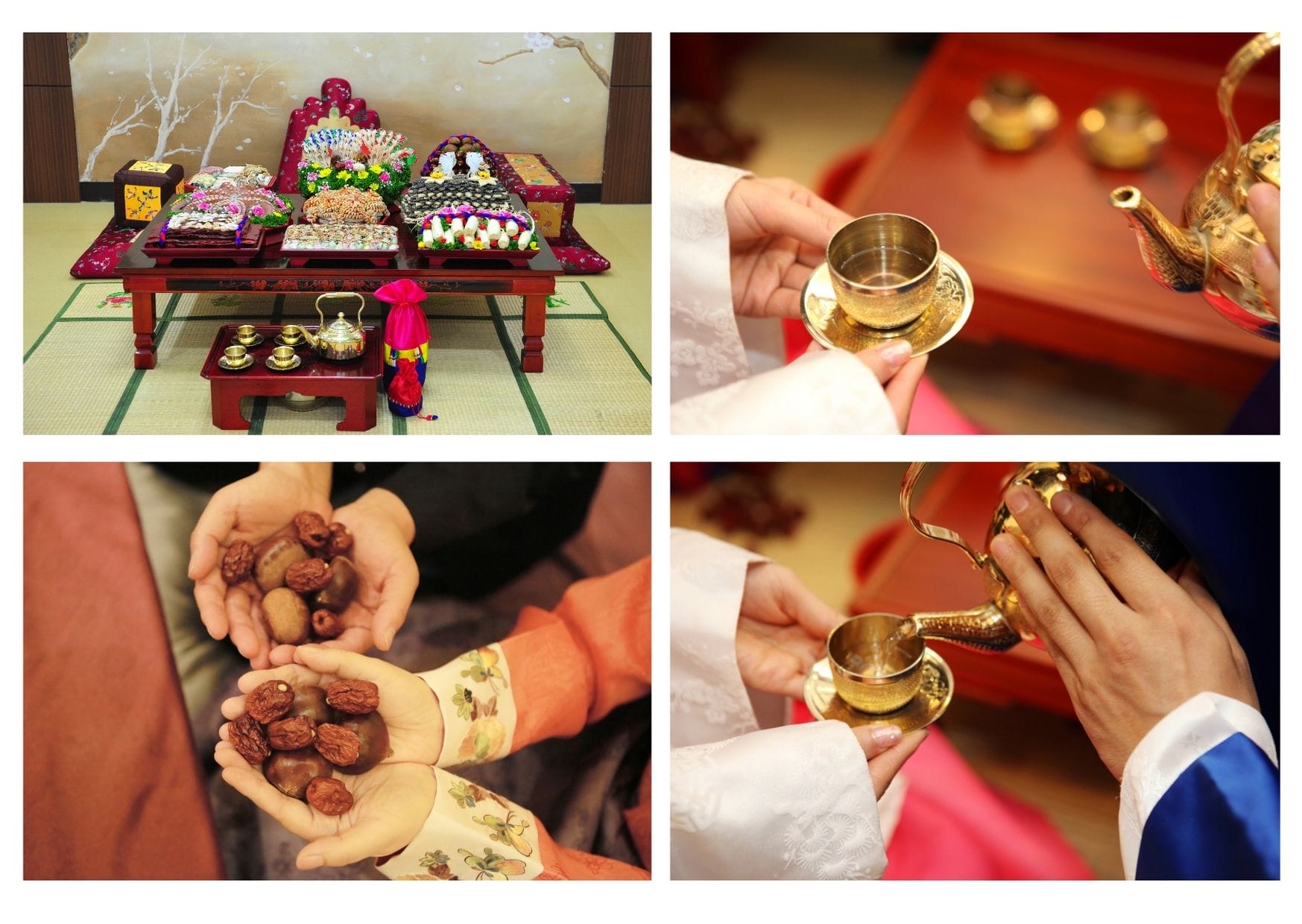 The Bride and Groom serve tea at the traditional Pyebaek Tea Ceremony wearing ceremonial robes