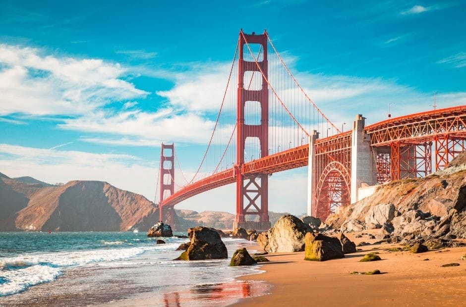 Views of the Golden Gate Bridge and a beachside picnic