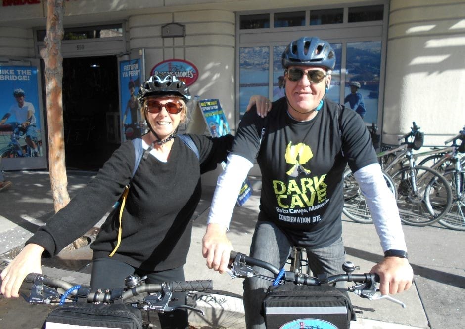The Backpacking Housewife and husband ready to cycle over The Golden Gate Bridge