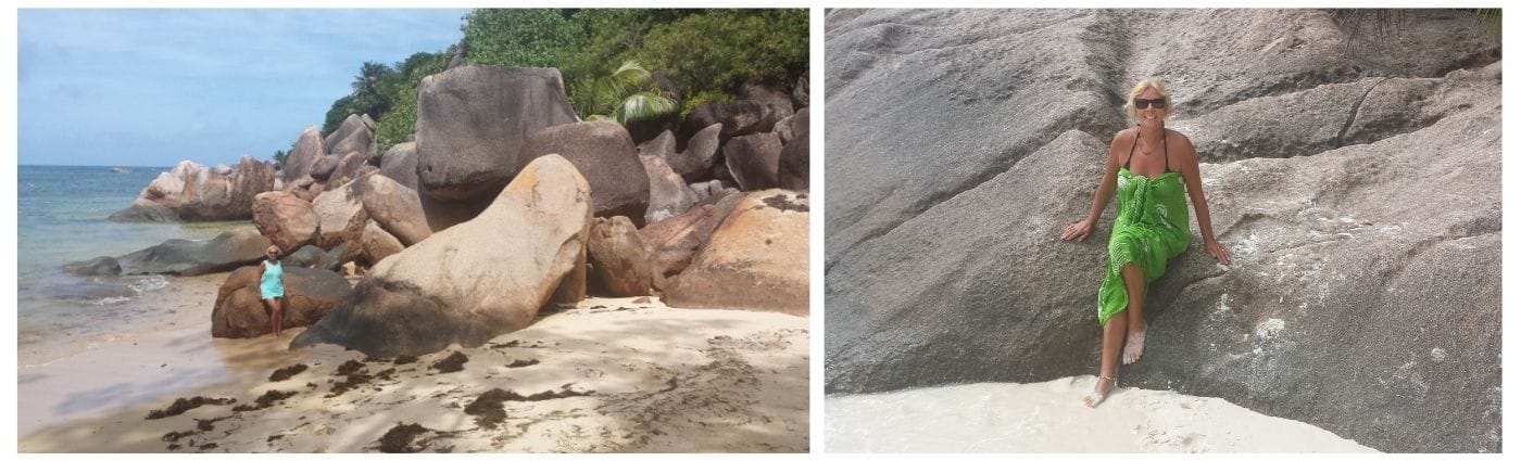 Janice Horton at most photographed beach in the world seychelles