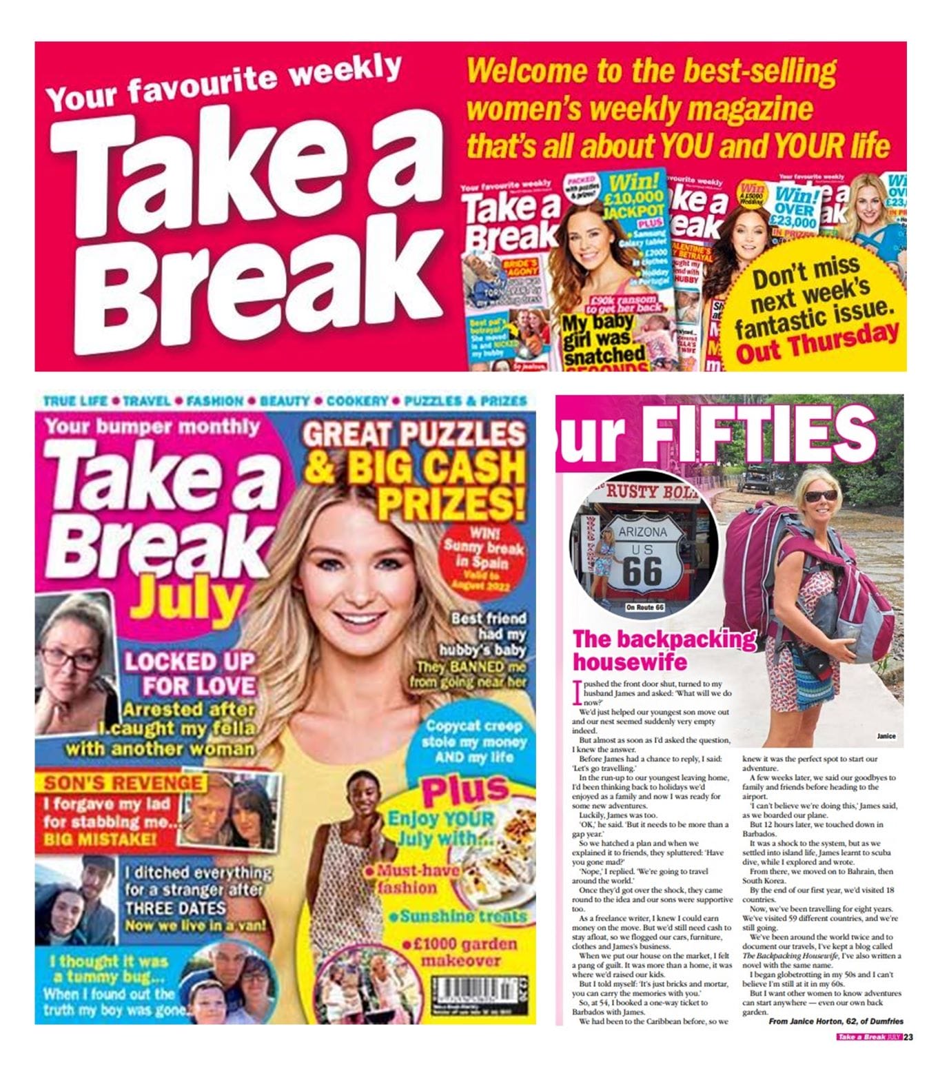 Take A Break Magazine July 2022 featuring The Backpacking Housewife