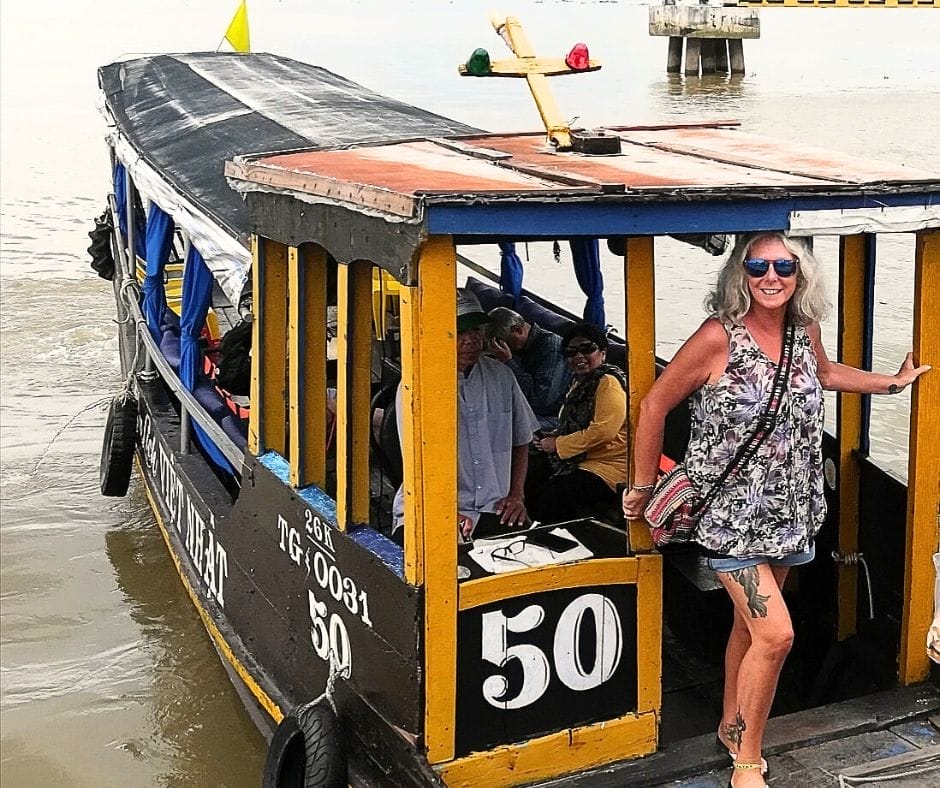 Janice Horton travelling on the Mekong River Vietnam on a midlife gap year