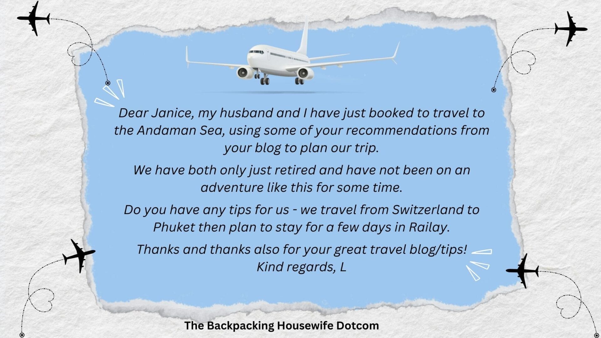 Travel tips message to The Backpacking Housewife