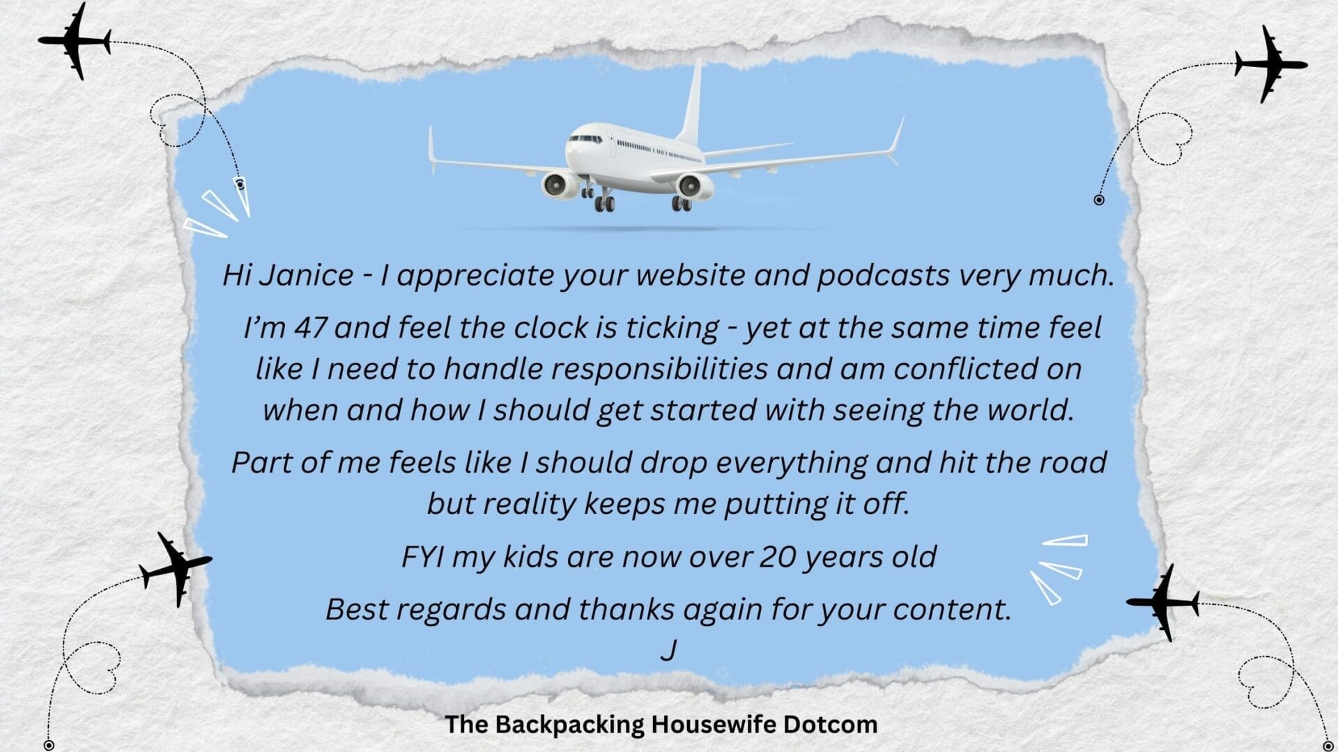 Travel clock ticking message to The Backpacking Housewife