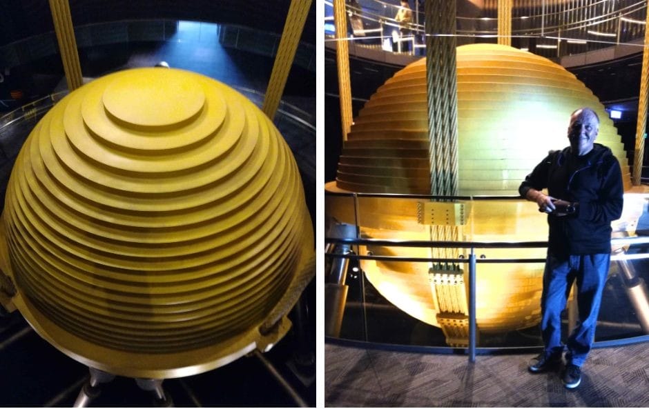The giant 660 metric tonne gold-coloured pendulum 'Taipei 101 ball' suspended between the 87th and 92nd floor of the inside of the tower that provides high-tech stability during high winds and earthquake tremors.