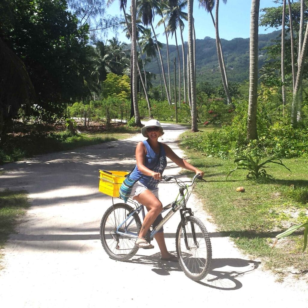 Janice Horton cycling on Curieuse Island Seychelles