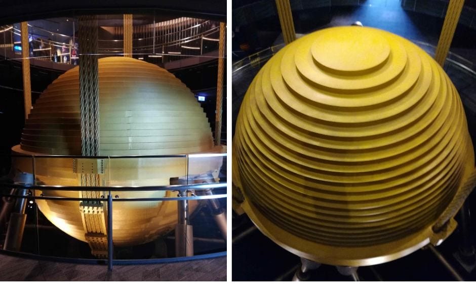  At the Taipei 101 Tower the massive gold painted pendulum ball is on display to the public!