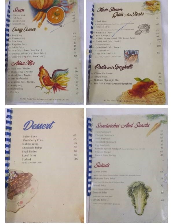 Menus at our hotel on Maamigili Maldives
