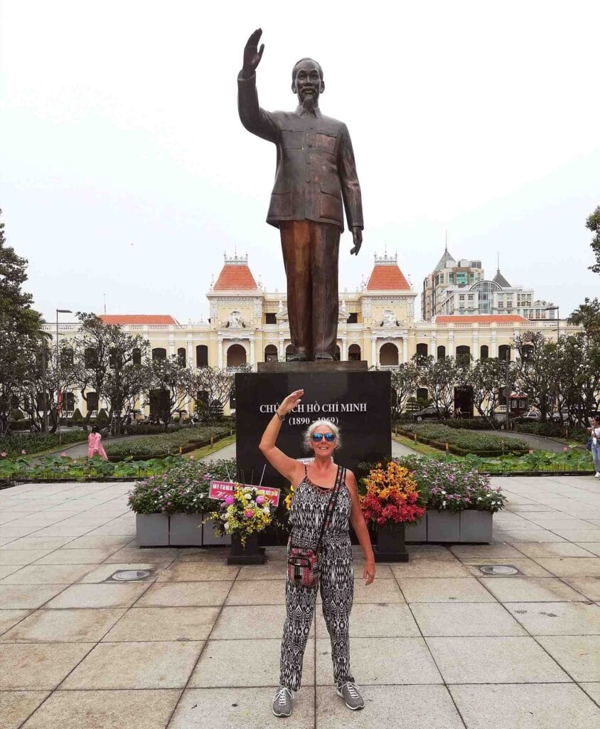 Janice Horton at Statue of Ho Chi Minh in HCMC (Saigon) The best time to visit Vietnam