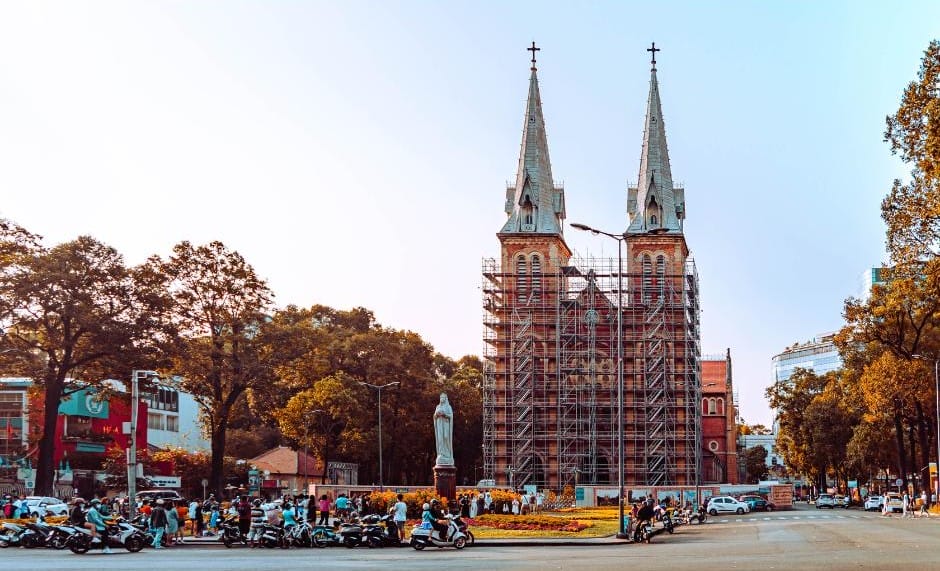 Notre Dame Saigon with scaffolding