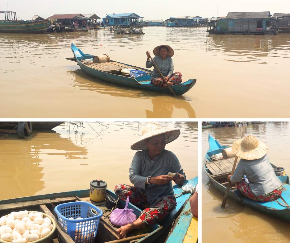 I saw a woman in a canoe with a large basket of white crocodile eggs.