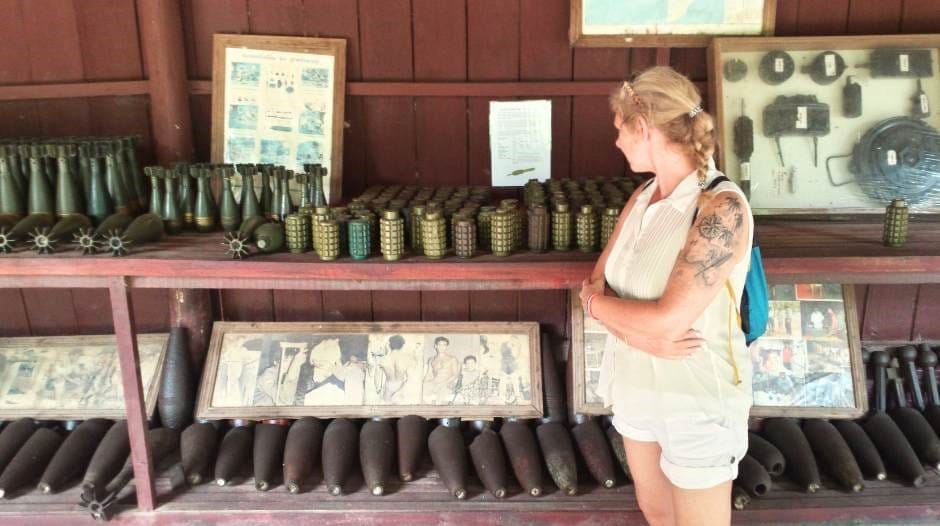 Janice Horton at the Cambodia War Museum Siem Reap all the artillery and weapons on display are authentic