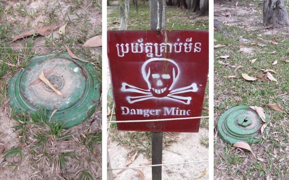 Danger of landmines sign and samples of landmines at the war museum