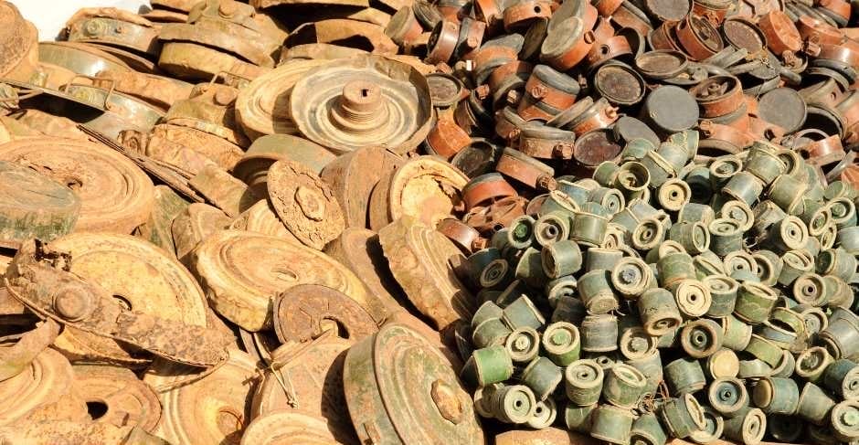 Old landmines in a pile at Cambodia War Museum Siem Reap