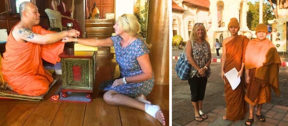 Wat Suan Dok is a temple with a Buddhist university. Janice Horton with monks and receiving a blessing
