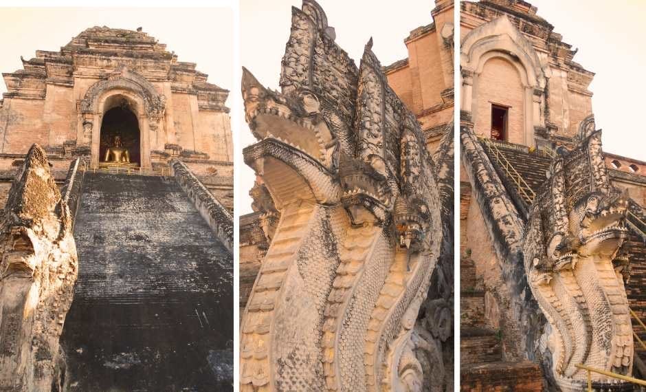 intricate carved stone Nagas (mythical serpents) flanking the steep worn stone staircases