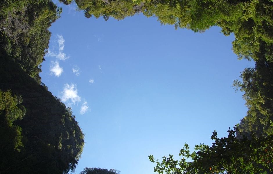 Inside the hidden lagoon at the Emerald Cave you can lie back in the water and look up at the sky