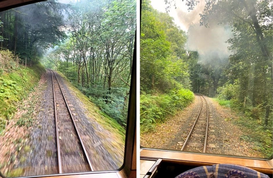 A swirling smoky tunnel formed by lines of bowing trees behind the train