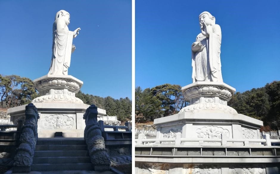 The towering white stone statue of Tongil Yaksa Buddha at Donghwasa Temple Daegu South Korea