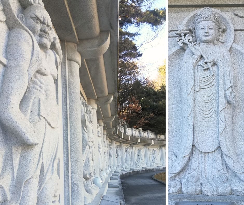 The fabulous curved fresco wall of carvings at Donghwasa Temple