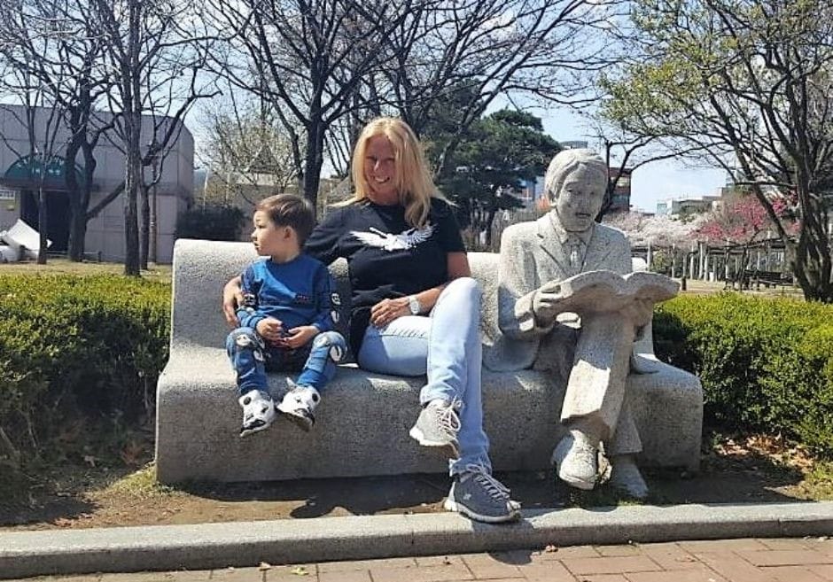 With my grandson outside Daegu Library