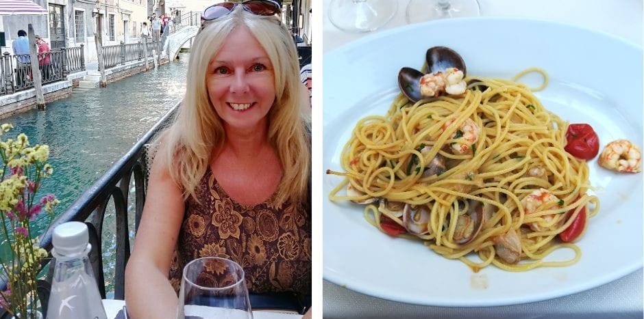 Janice Horton Enjoying spaghetti and seafood in Venice Italy