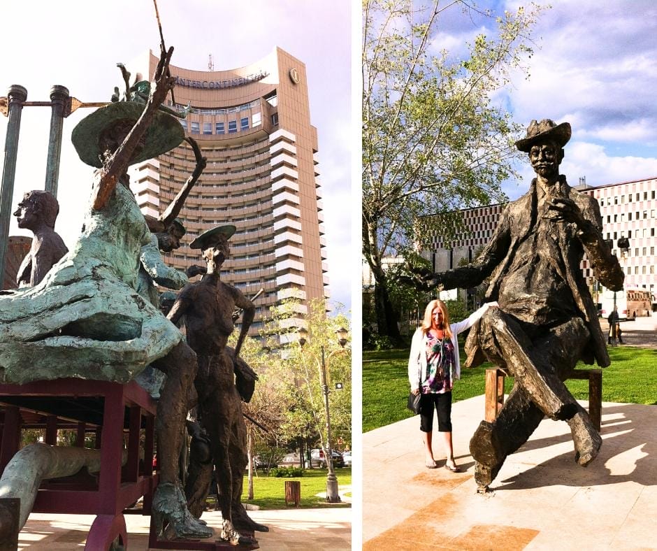 Janice Horton with Sculptures of famous Romanian playwright Ion Luca Caragiale (I. L. Caragiale) 1852 -1912