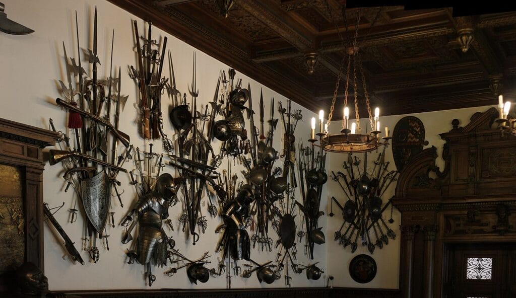 King Carol I of Romania was an avid collector of armoury and his collection numbered over 4,500 weapons dating from the 15th to the 19th centuries are on display at Peles Castle armoury.
