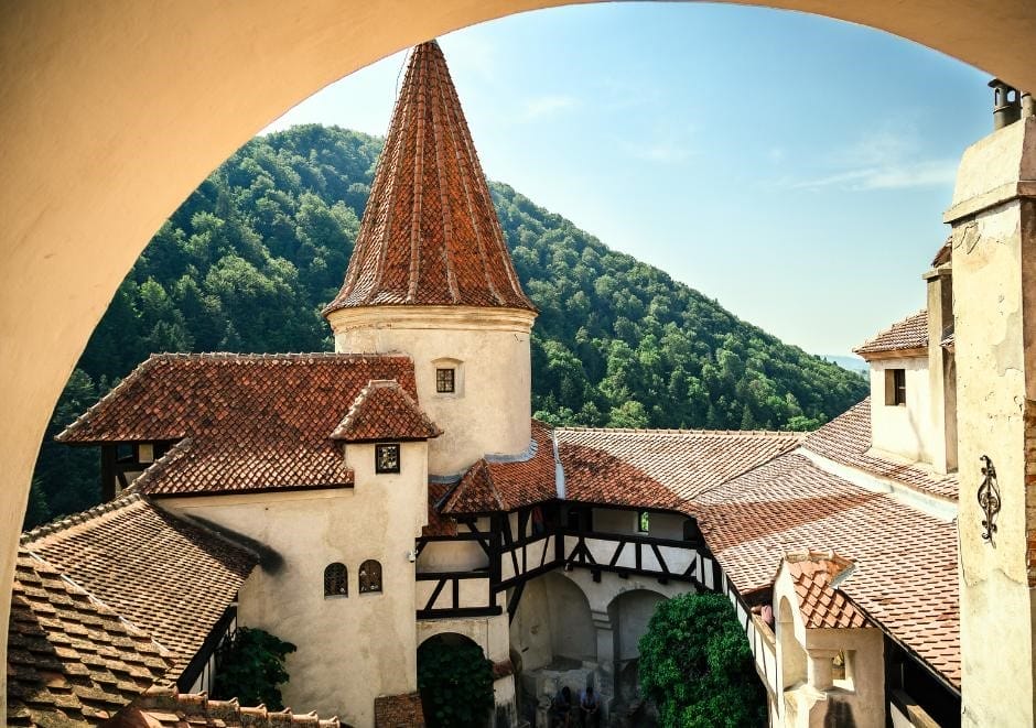 At Bran Castle the inner courtyard is surrounded by balconies and arched corridors