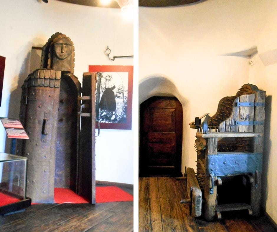 A tall coffin-like sarcophagus lined with inward-facing spikes at Bran Castle Romania